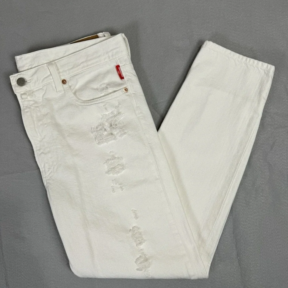 Denimist High Rise Distressed White Jeans Size 32 Pleated Ankle Hem R-132018‎